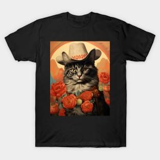 Retro Vintage Cowboy Maine Coon Cat - Whiskered Wild West Adventure Portrait T-Shirt